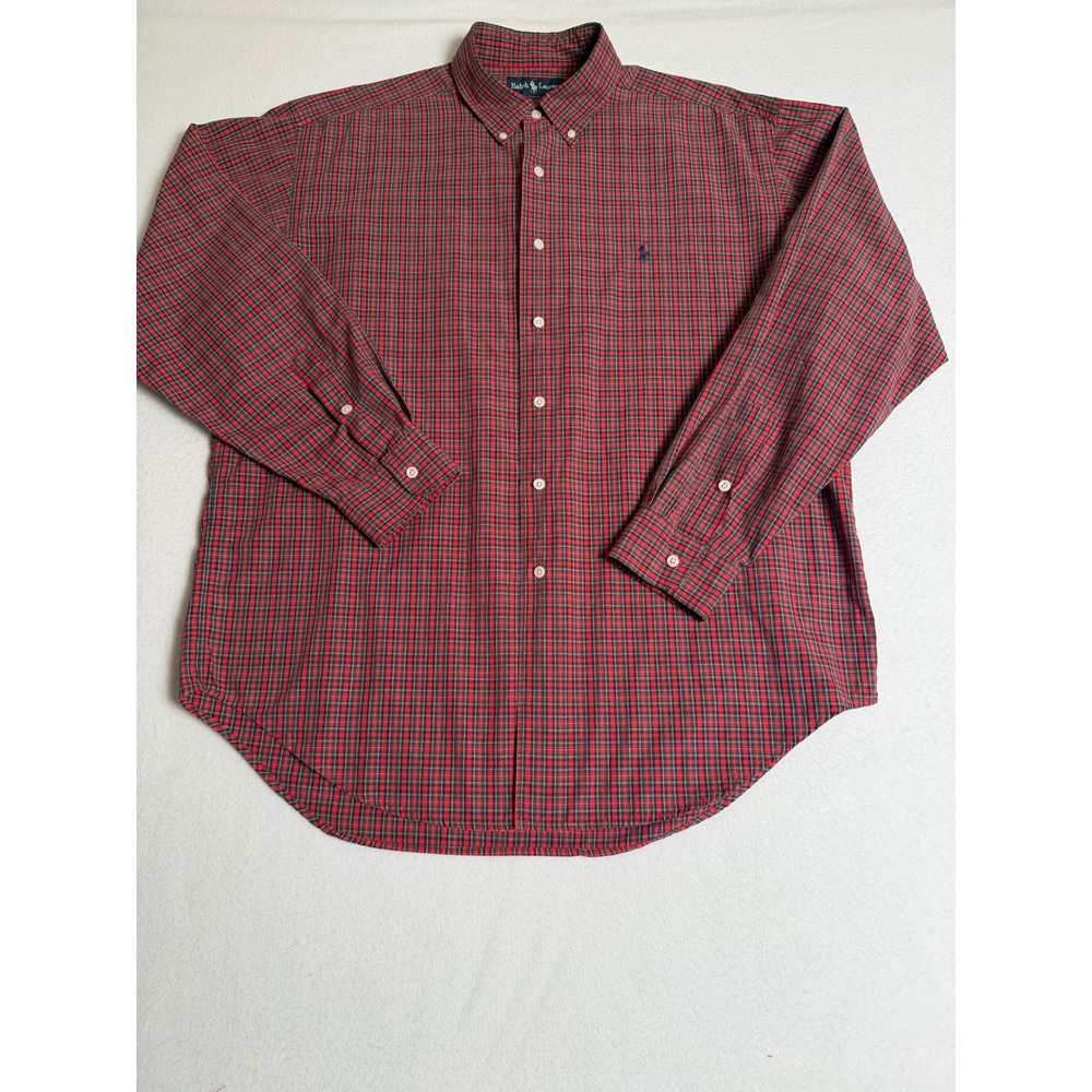 Ralph Lauren Marlowe Mens Large Red Navy Blue Plaid Cotton Button Down Shirt